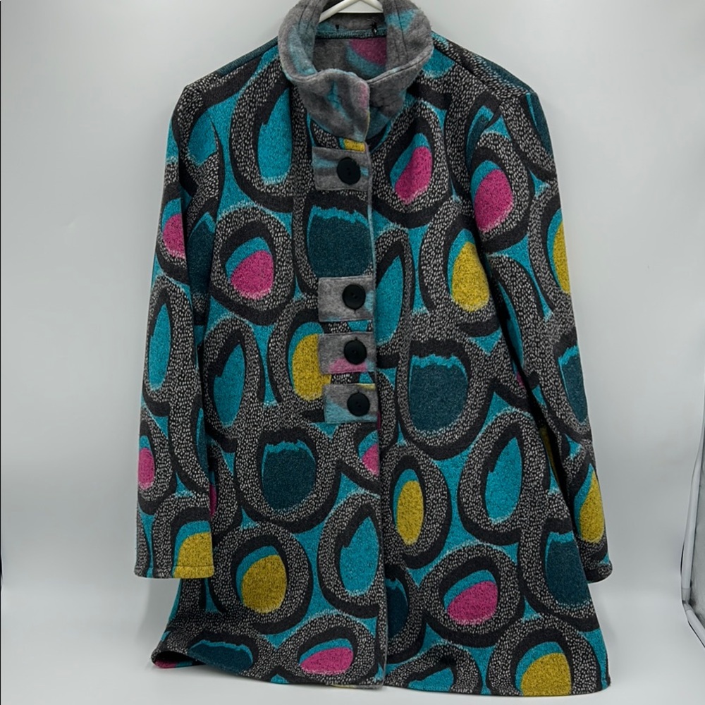 Women's Teal, Pink & Yellow Patterned Pea Coat